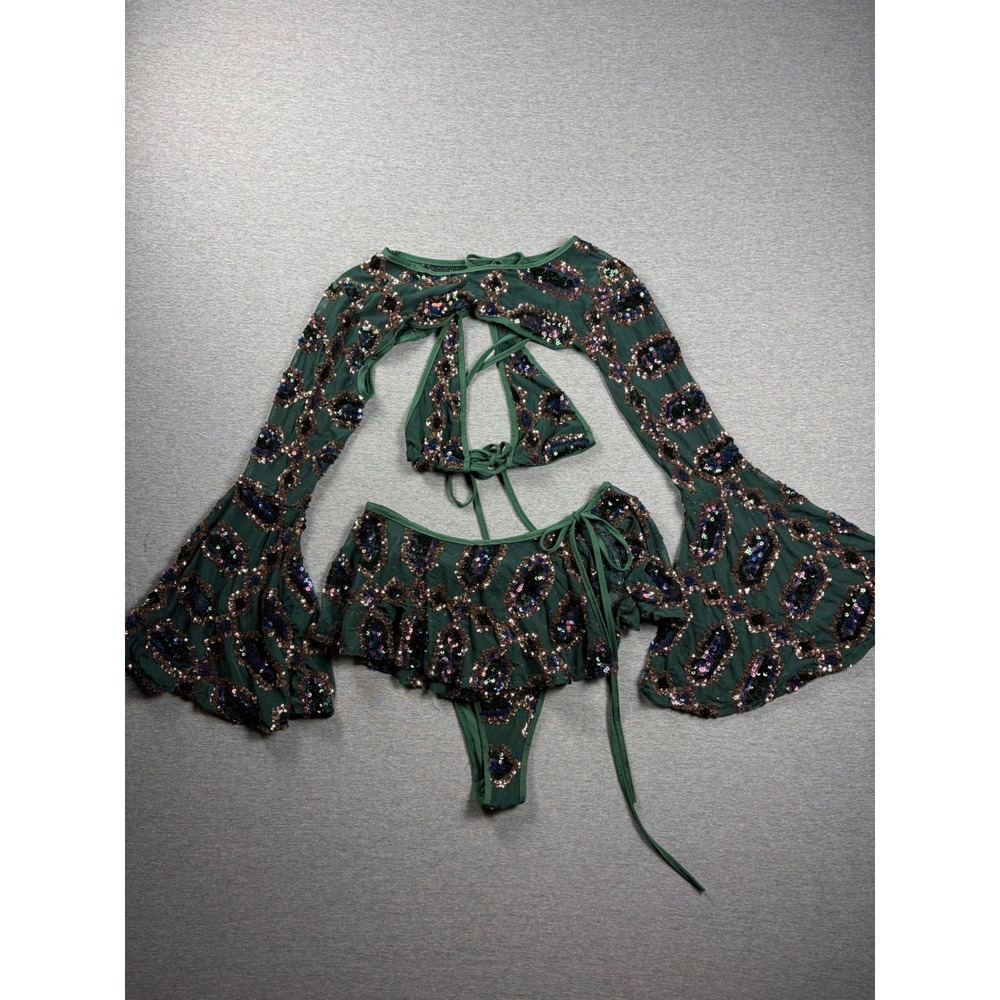The Lumi Shop Emerald Jade Goddess Sequin 4 Piece Set Rave Small MSRP $219